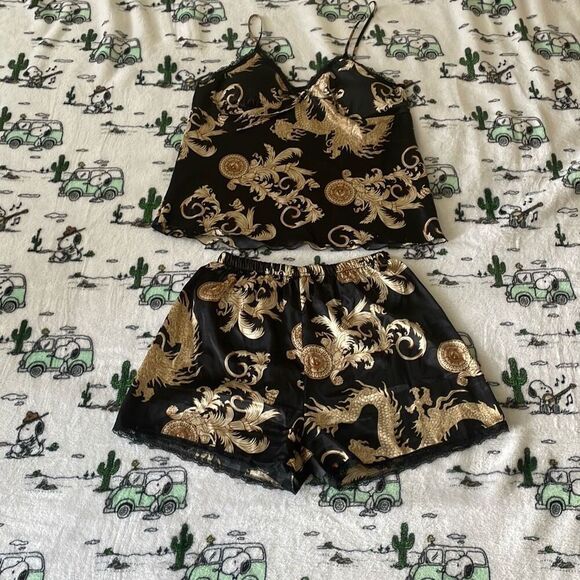Black gold luxe silky satin soft summer pj camisole and short set size small - Picture 2 of 16
